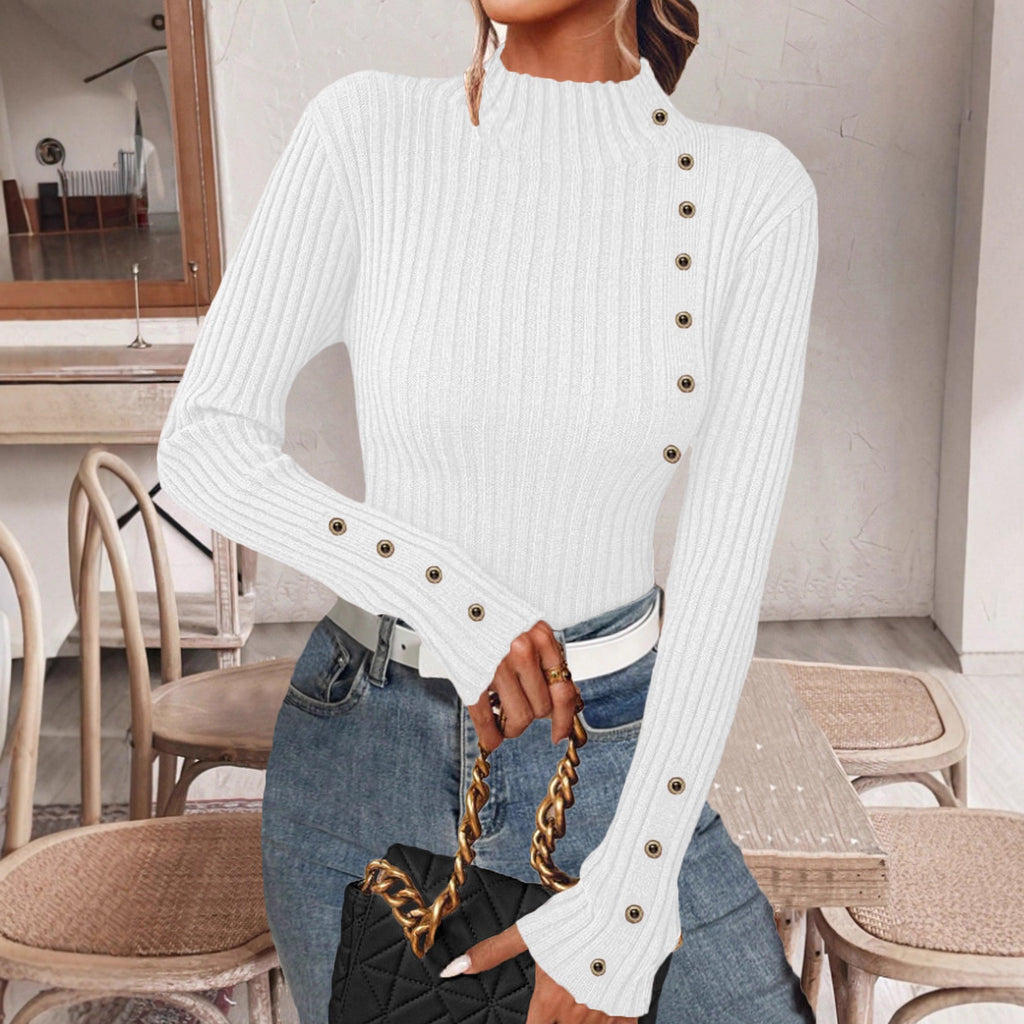 Ribbed Mock Neck Top With Button Trim - White