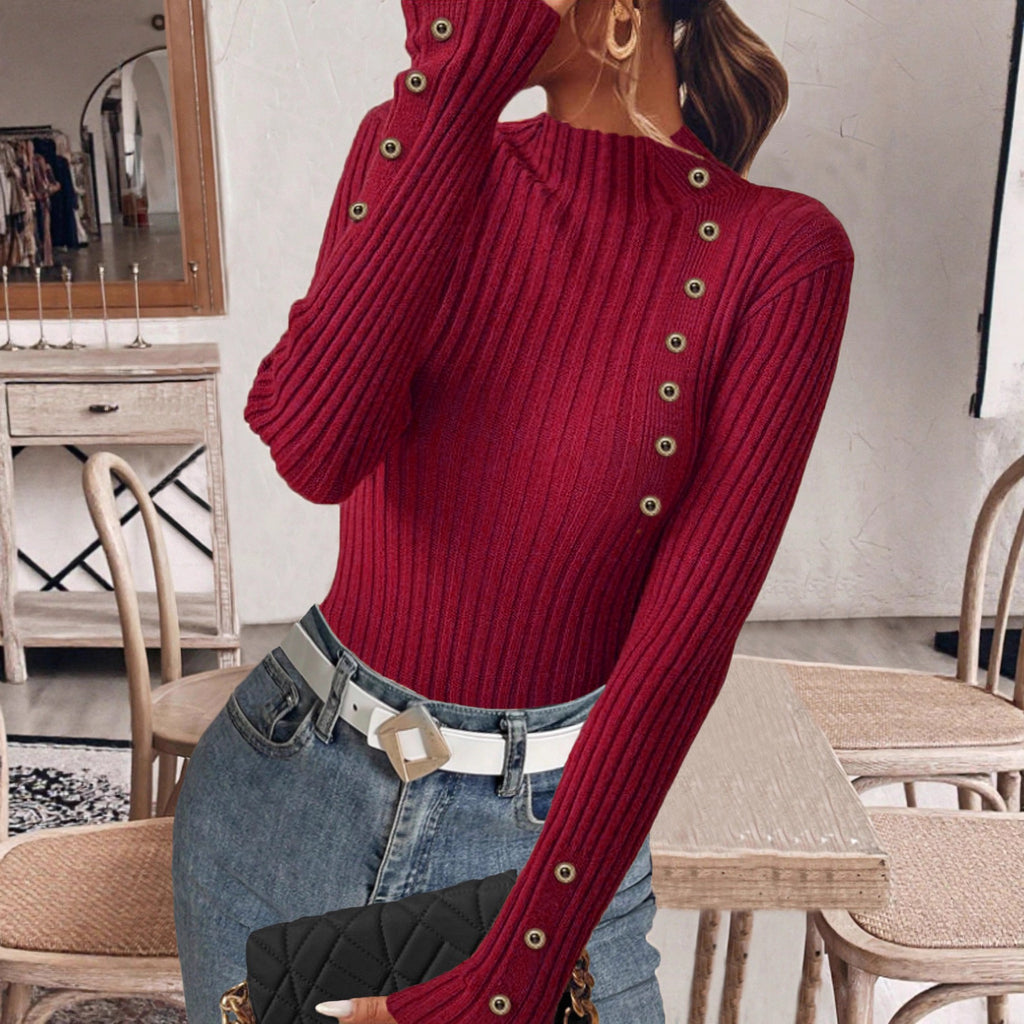 Ribbed Mock Neck Top With Button Trim - Wine_red - 1