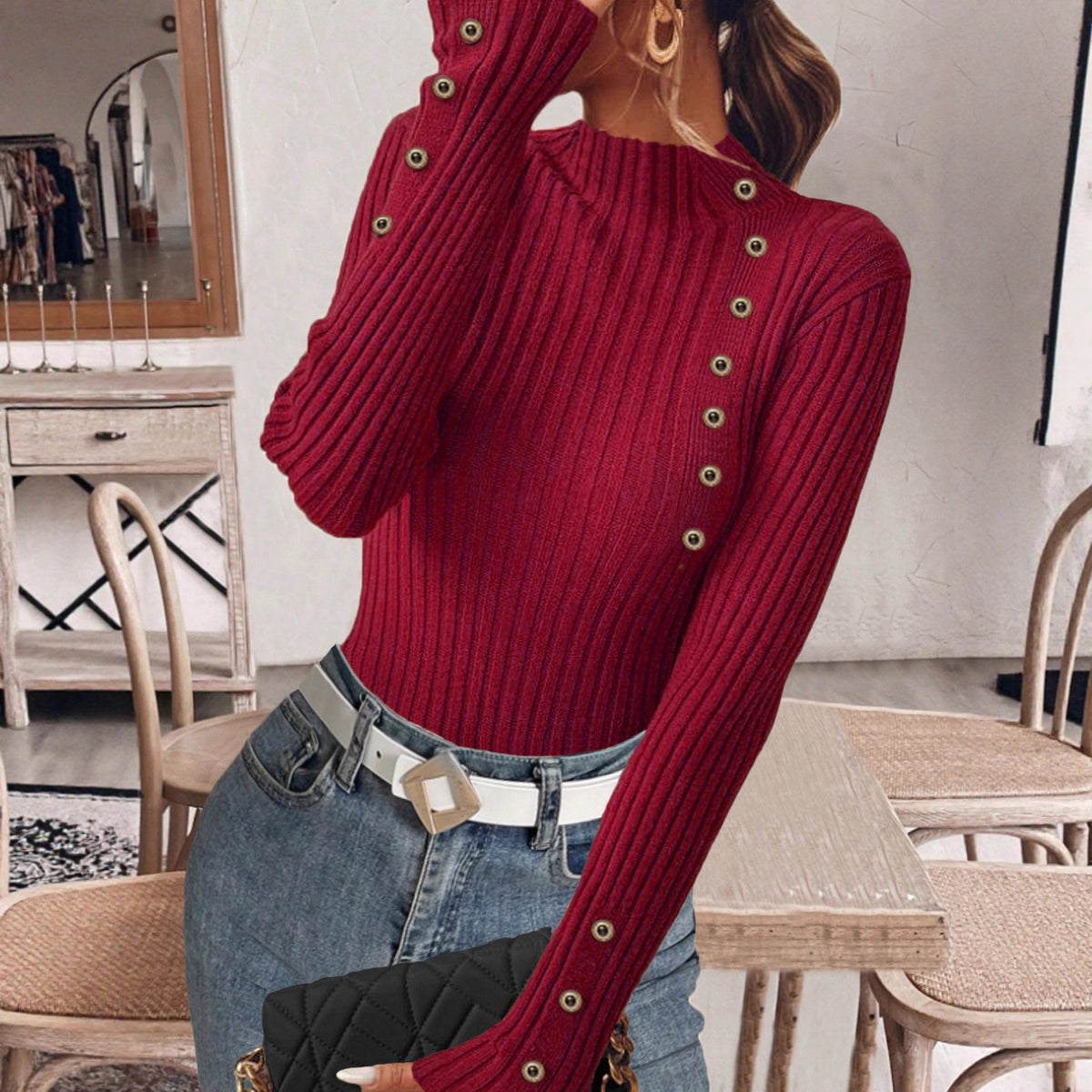 Ribbed Mock Neck Top With Button Trim - Wine_red - 1