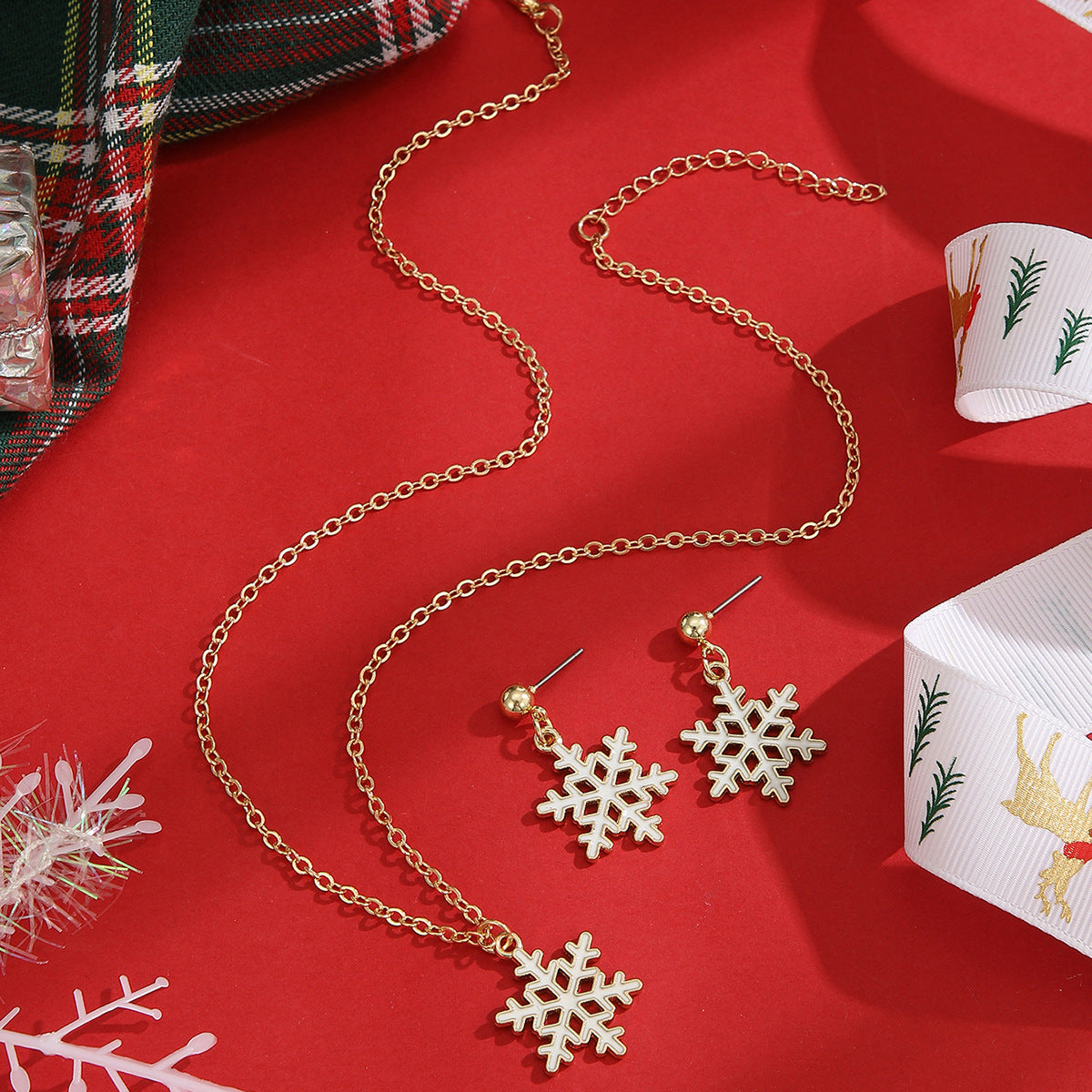 Snowflake Pendant Necklace and Earrings Set - Gold - 1