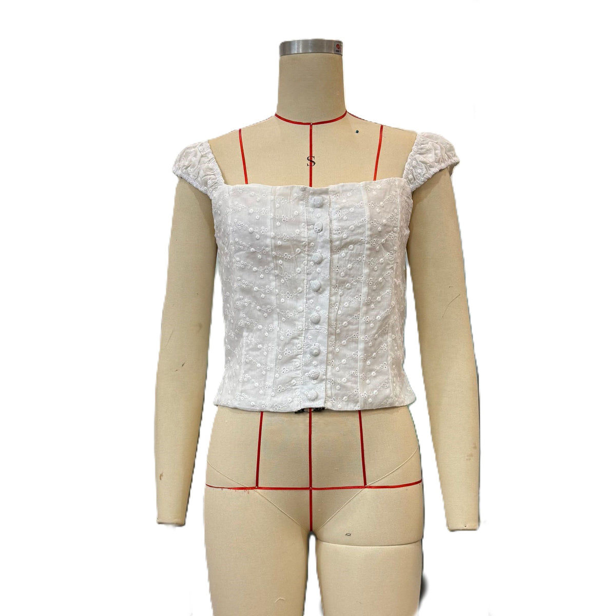 Square Neck Buttoned Jacquard Crop Tank - White