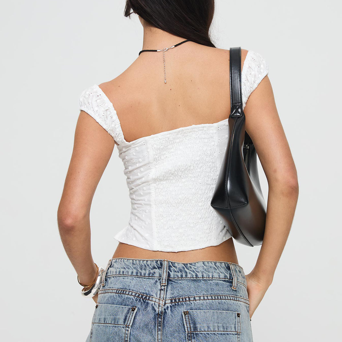 Square Neck Buttoned Jacquard Crop Tank - White - 1