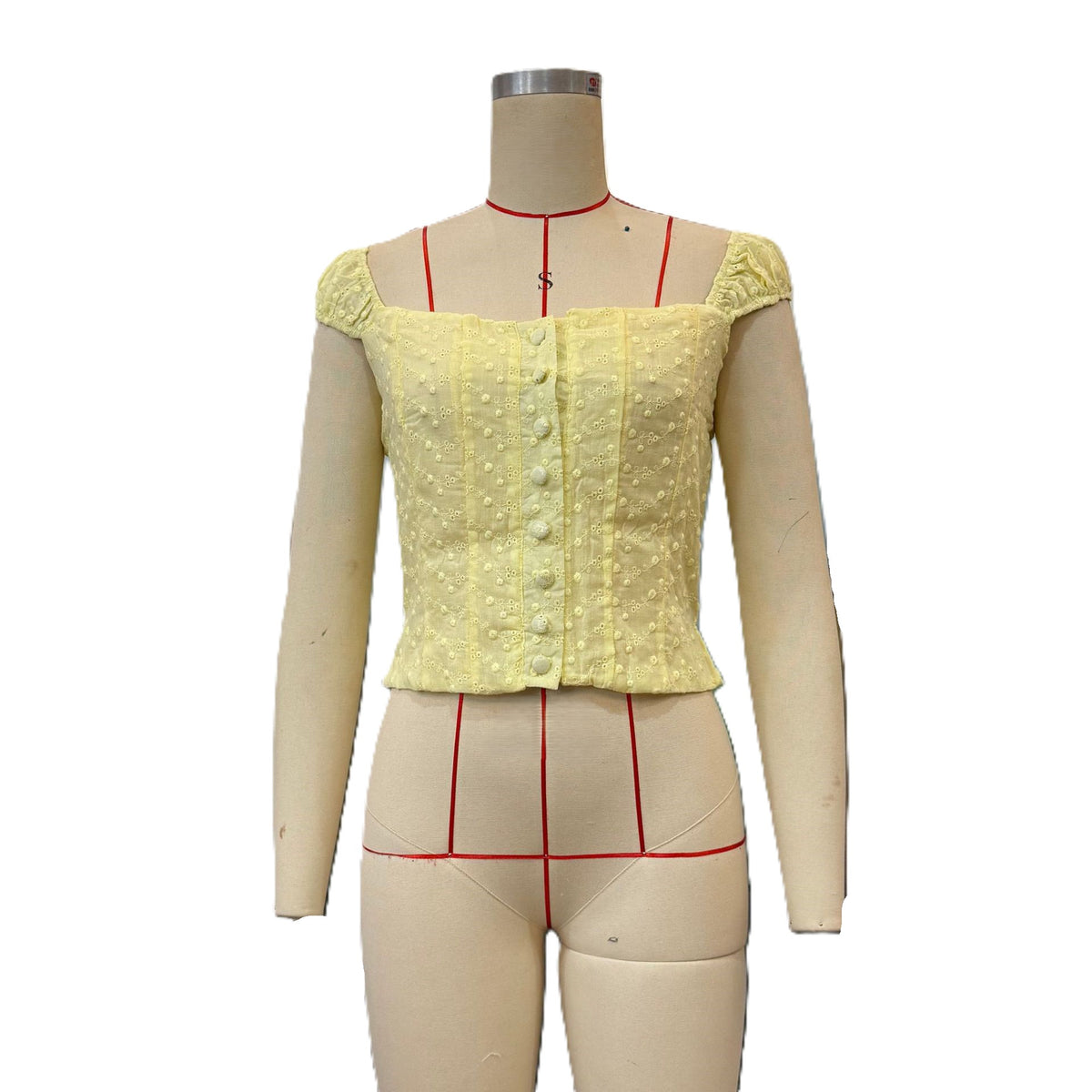 Square Neck Buttoned Jacquard Crop Tank - Yellow