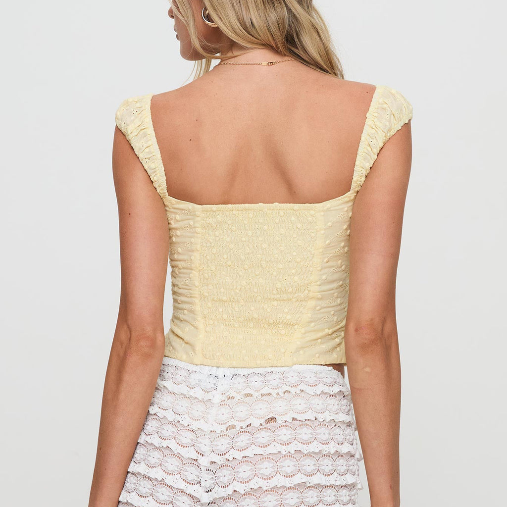 Square Neck Buttoned Jacquard Crop Tank - Yellow - 1