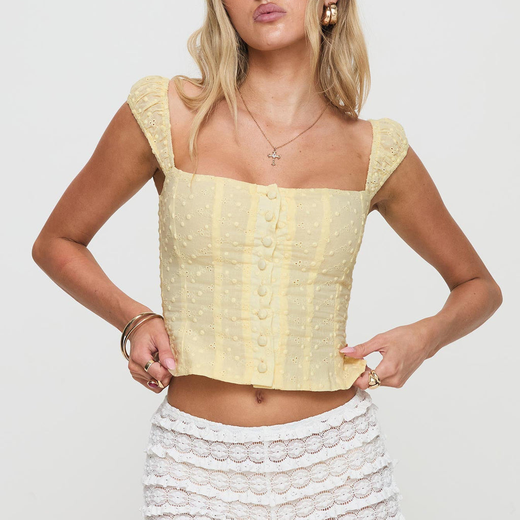 Square Neck Buttoned Jacquard Crop Tank - Yellow - 2