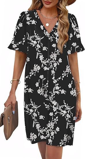 Ruffle Cuff V Neck Pocket Shift Dress - Print_Black