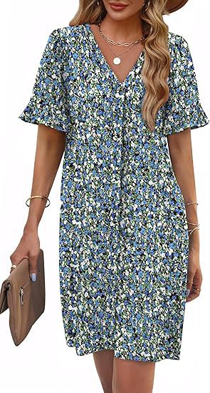 Ruffle Cuff V Neck Pocket Shift Dress - Print_Blue