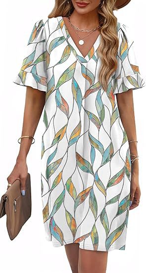Ruffle Cuff V Neck Pocket Shift Dress - Print_White