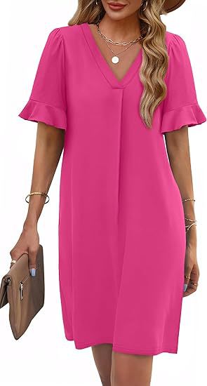 Ruffle Cuff V Neck Pocket Shift Dress - Rose