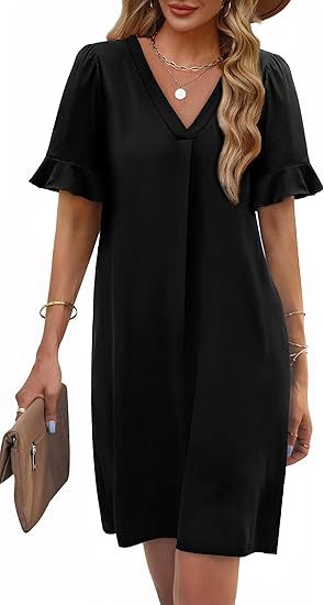 Ruffle Cuff V Neck Pocket Shift Dress - black