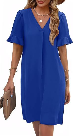 Ruffle Cuff V Neck Pocket Shift Dress - blue