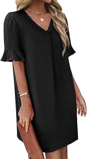 Ruffle Cuff V Neck Pocket Shift Dress - view 1