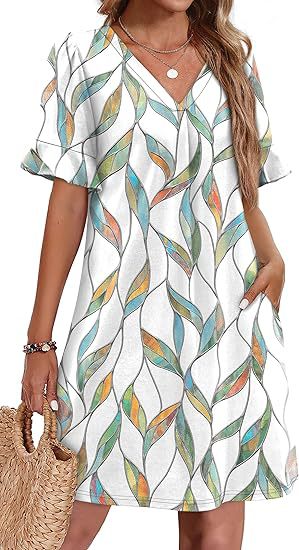 Ruffle Cuff V Neck Pocket Shift Dress - view 13