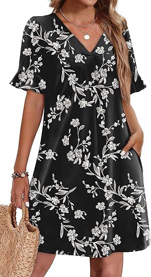 Ruffle Cuff V Neck Pocket Shift Dress - view 15