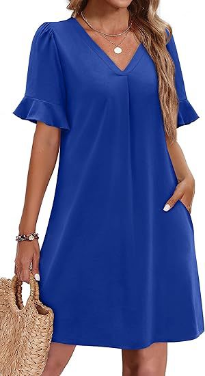 Ruffle Cuff V Neck Pocket Shift Dress - view 9