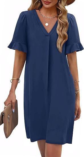 Ruffle Cuff V Neck Pocket Shift Dress - navy
