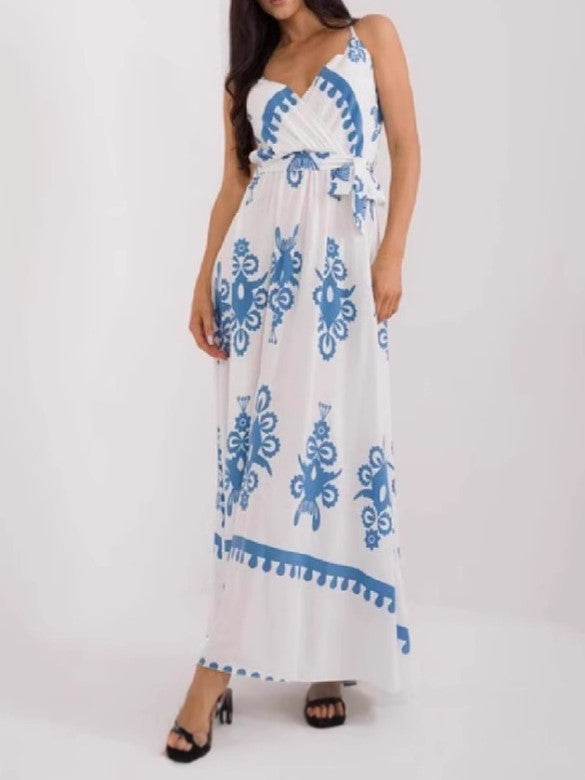 Placement Print Boho Maxi Sundress - Blue