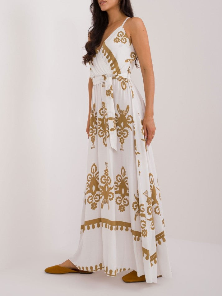 Placement Print Boho Maxi Sundress - Khaki - 1