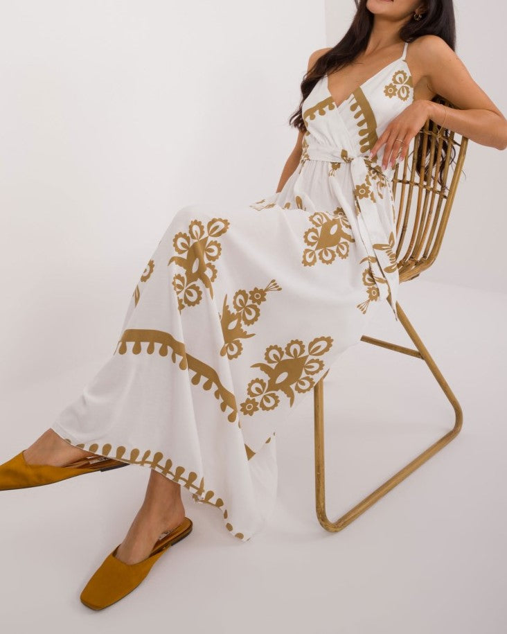 Placement Print Boho Maxi Sundress - Khaki - 2