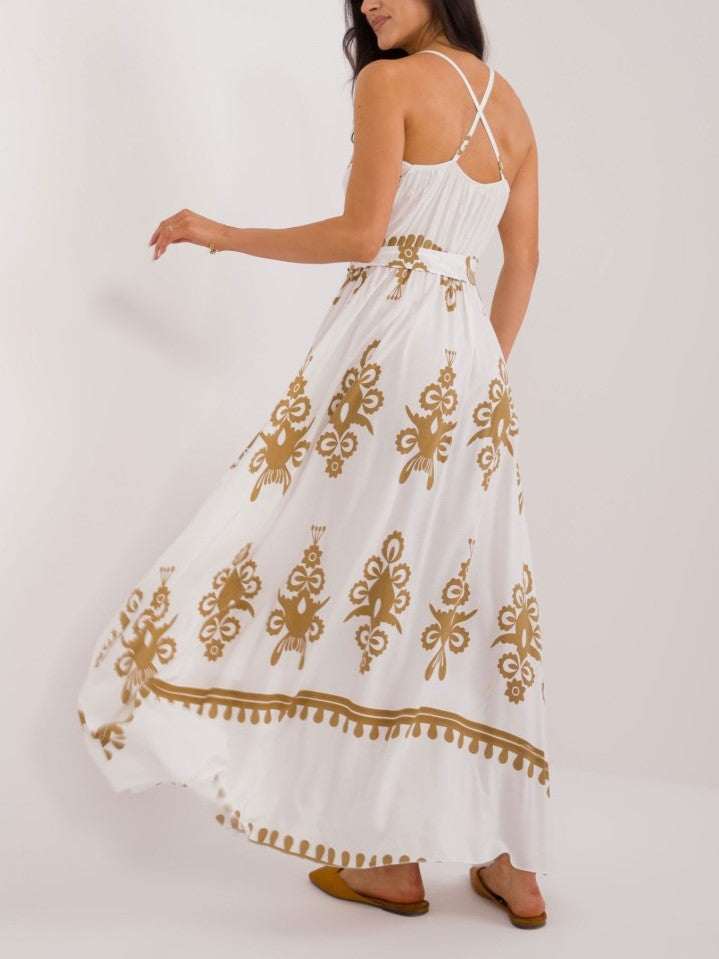 Placement Print Boho Maxi Sundress - Khaki - 3