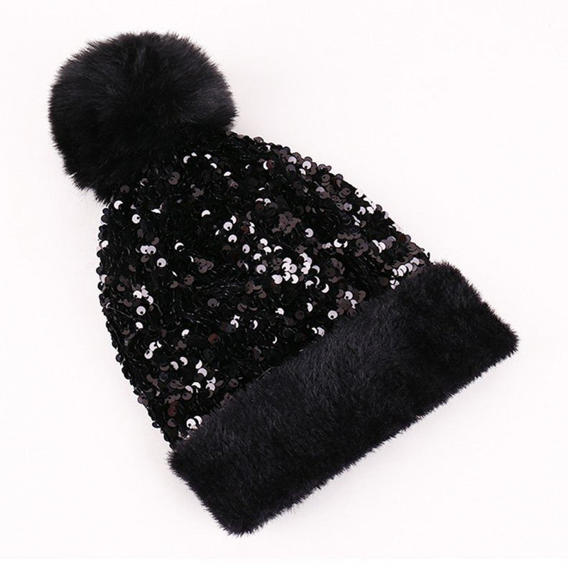 Sequin Pom Pom Beanie With Fuzzy Knit Cuff - Black