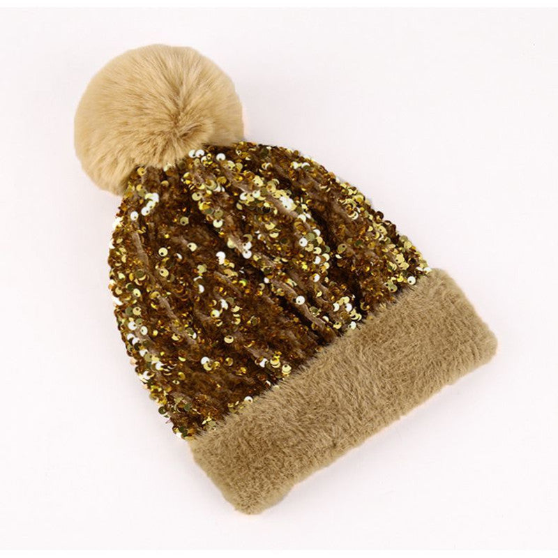 Sequin Pom Pom Beanie With Fuzzy Knit Cuff - Camel