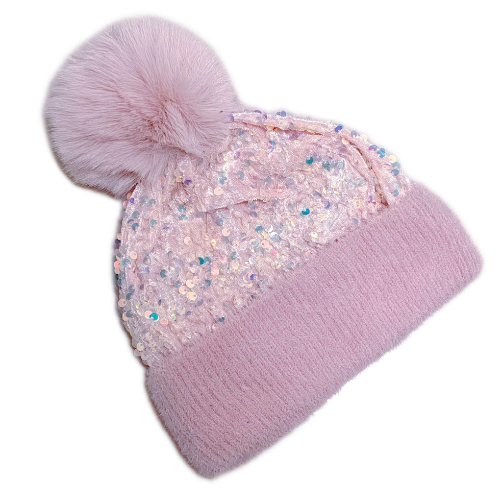 Sequin Pom Pom Beanie With Fuzzy Knit Cuff - DPink