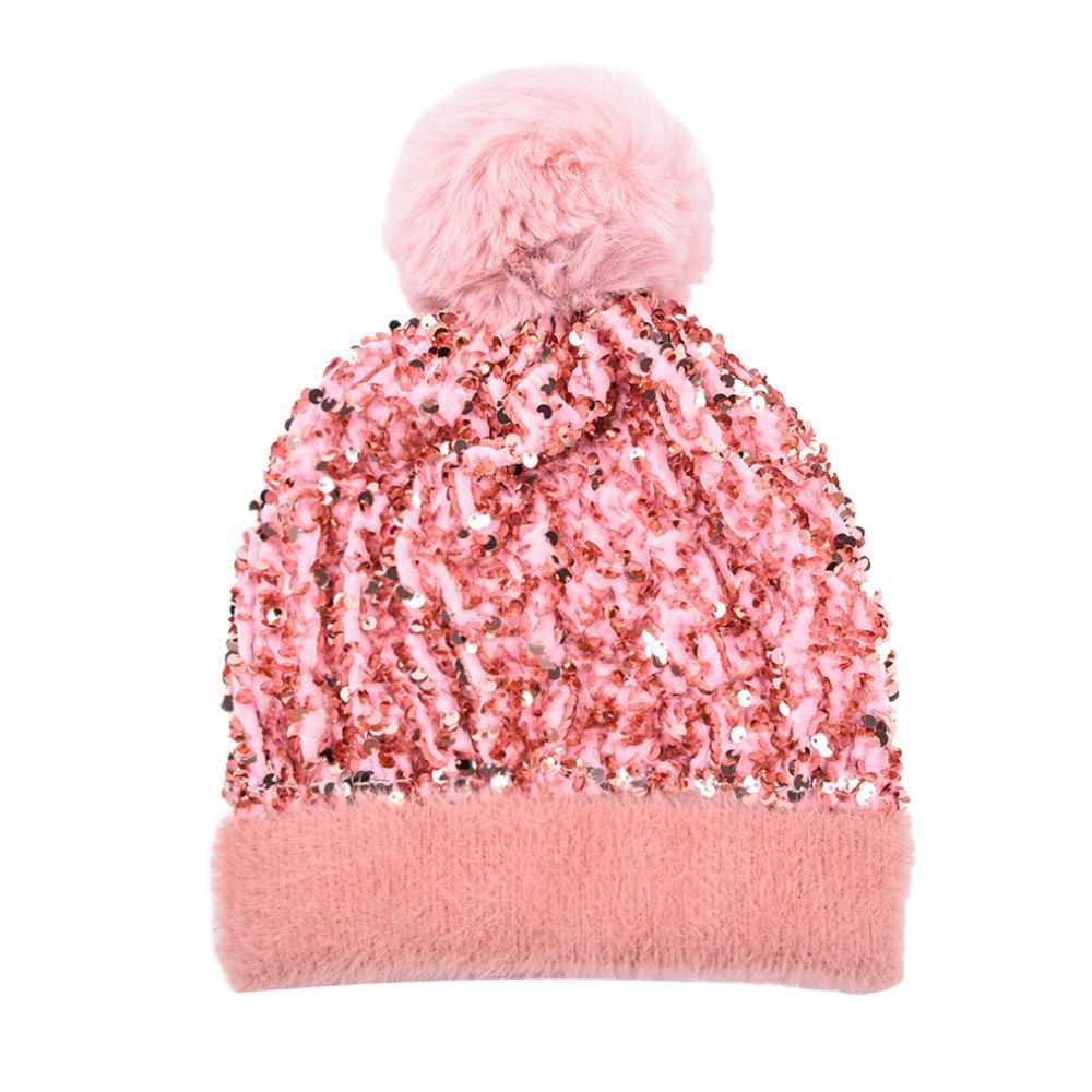 Sequin Pom Pom Beanie With Fuzzy Knit Cuff - DeepPink