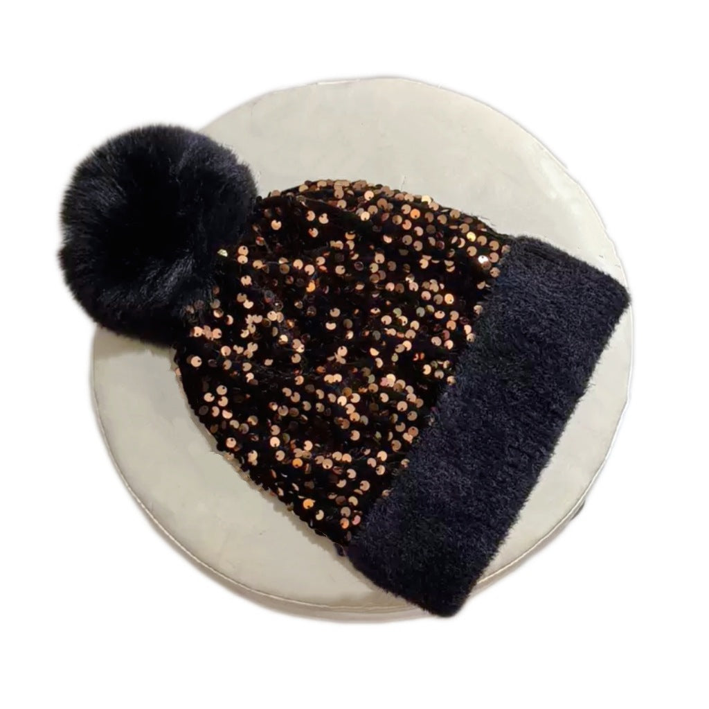 Sequin Pom Pom Beanie With Fuzzy Knit Cuff - GBlack