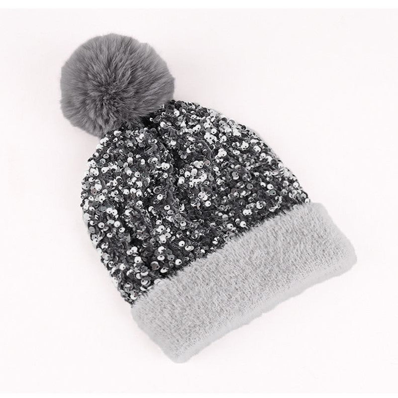 Sequin Pom Pom Beanie With Fuzzy Knit Cuff - Grey