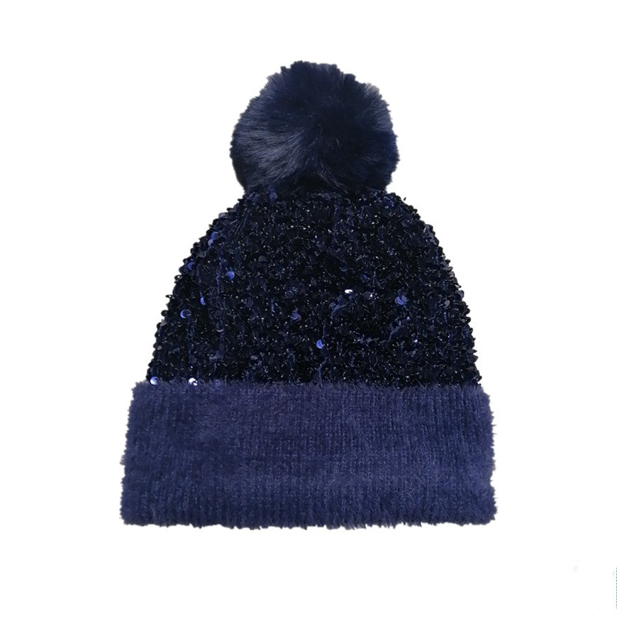 Sequin Pom Pom Beanie With Fuzzy Knit Cuff - Navy