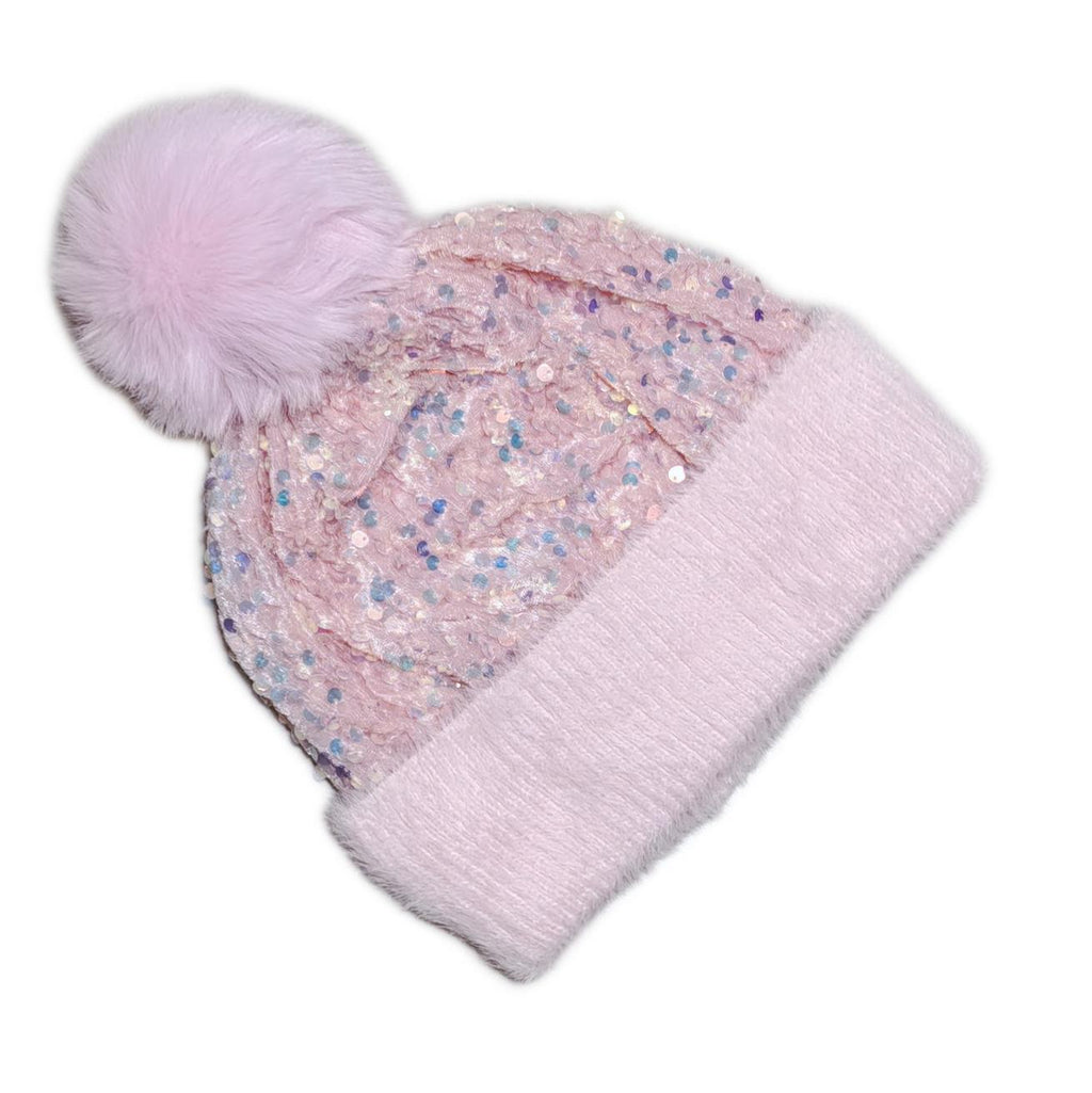 Sequin Pom Pom Beanie With Fuzzy Knit Cuff - Pink