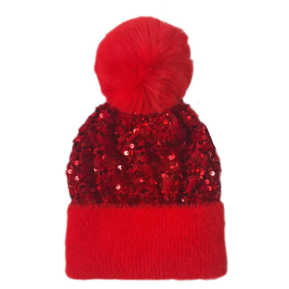 Sequin Pom Pom Beanie With Fuzzy Knit Cuff - Red
