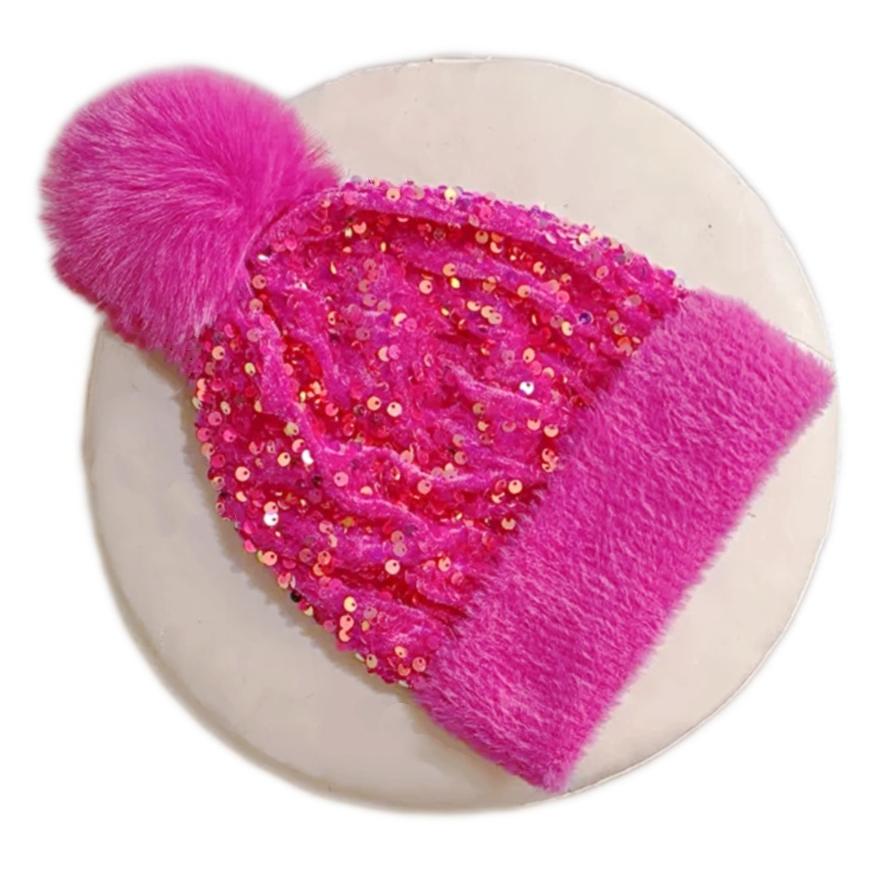 Sequin Pom Pom Beanie With Fuzzy Knit Cuff - Rose_Red