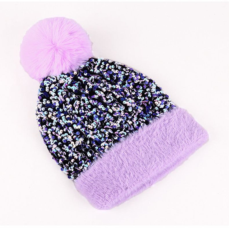 Sequin Pom Pom Beanie With Fuzzy Knit Cuff - Violet