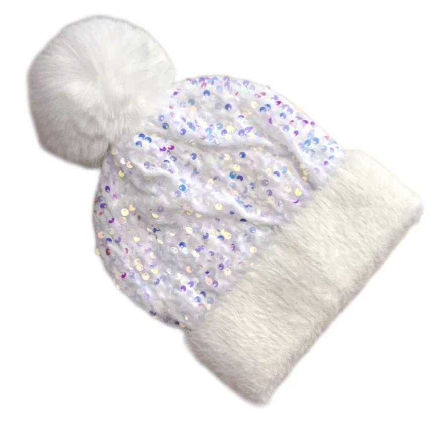 Sequin Pom Pom Beanie With Fuzzy Knit Cuff - White