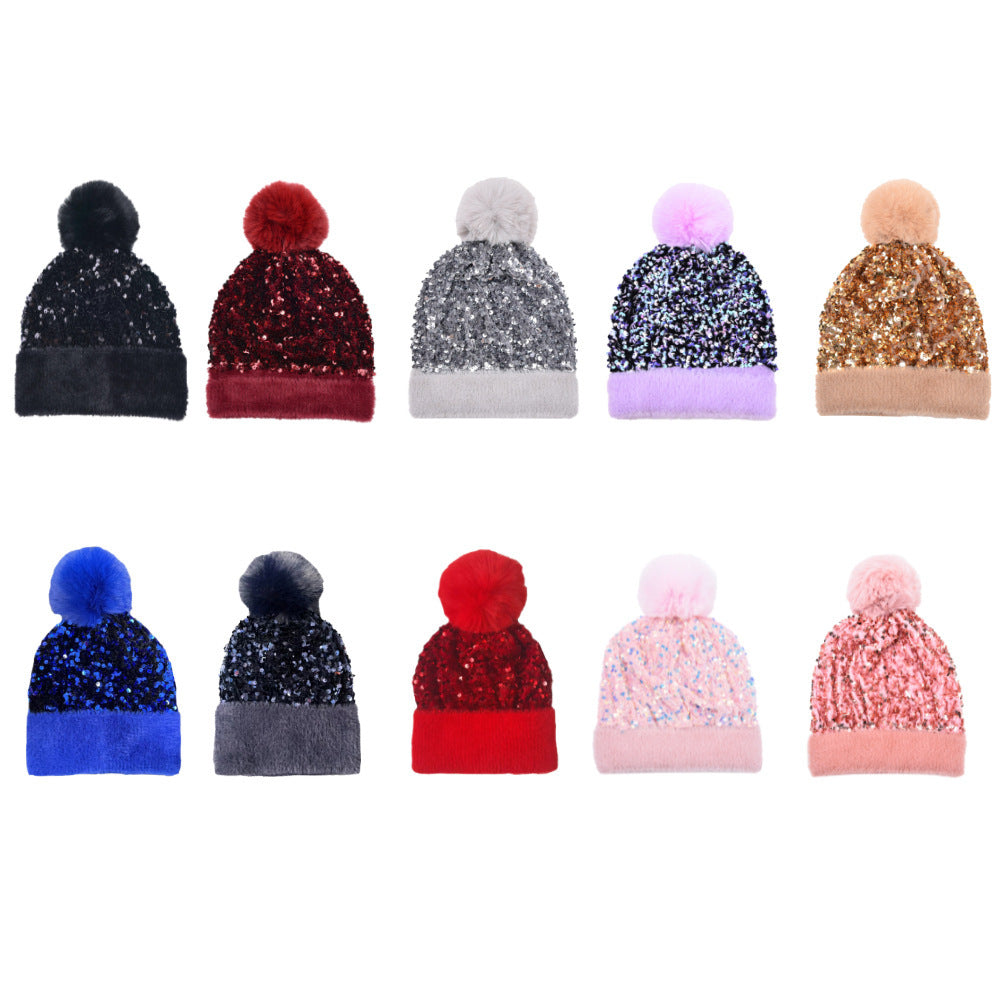 Sequin Pom Pom Beanie With Fuzzy Knit Cuff - White - 1