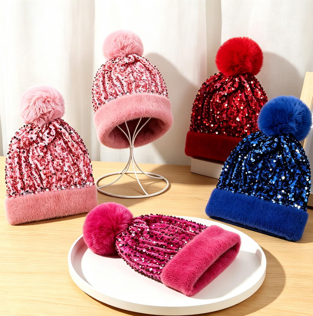 Sequin Pom Pom Beanie With Fuzzy Knit Cuff - White - 2