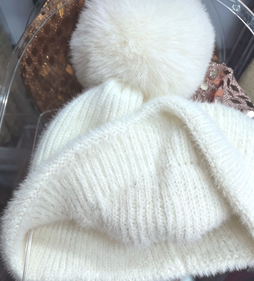 Sequin Pom Pom Beanie With Fuzzy Knit Cuff - White - 3