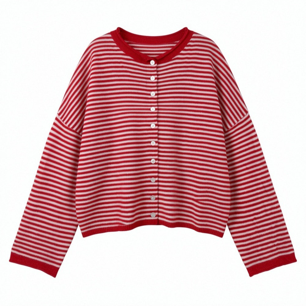 Striped Knit Cardigan With Contrast Trim - Red - 1