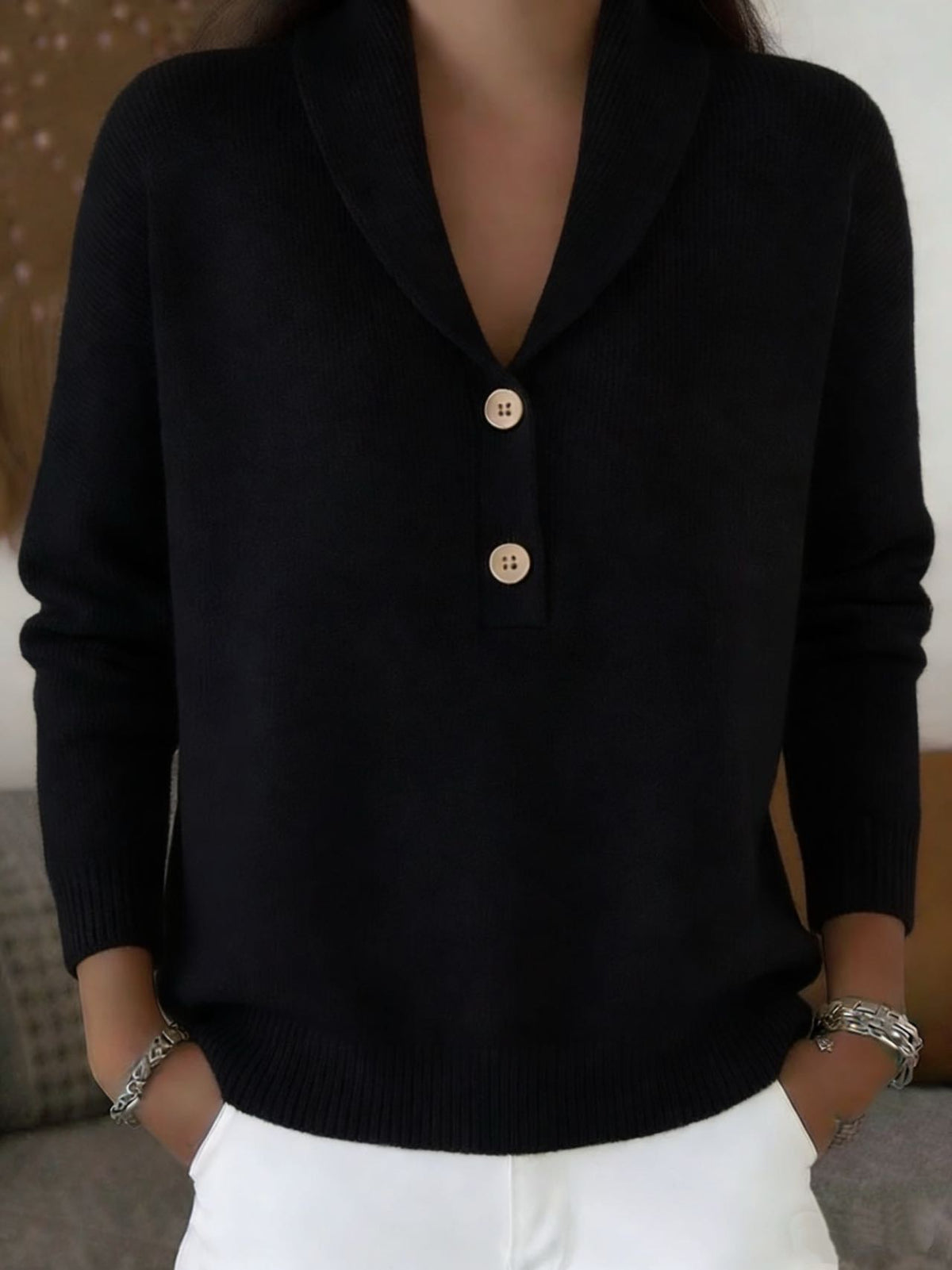 Shawl Collar V-Neck Knit Sweater with Button Placket - Black
