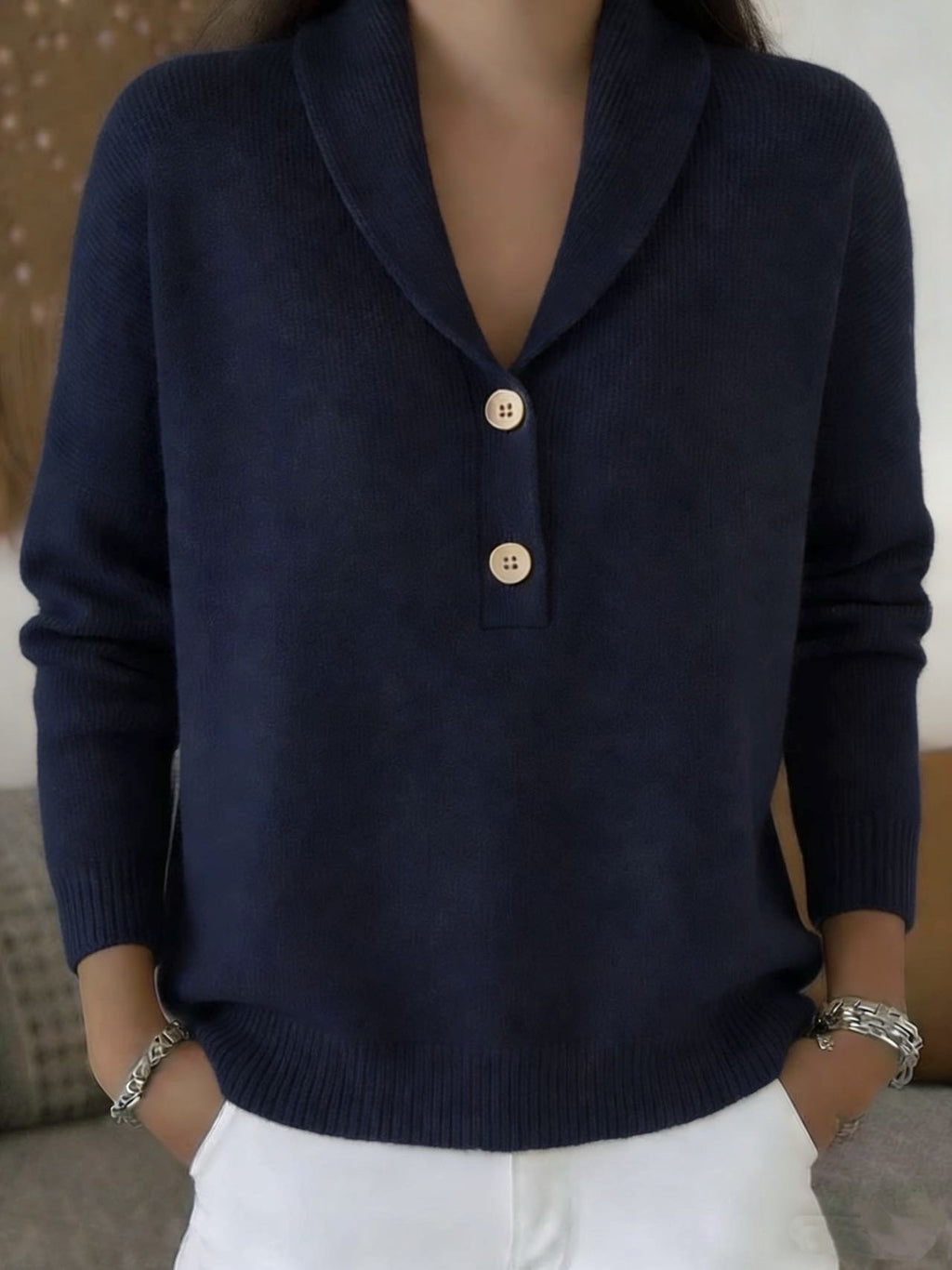 Shawl Collar V-Neck Knit Sweater with Button Placket - Navy