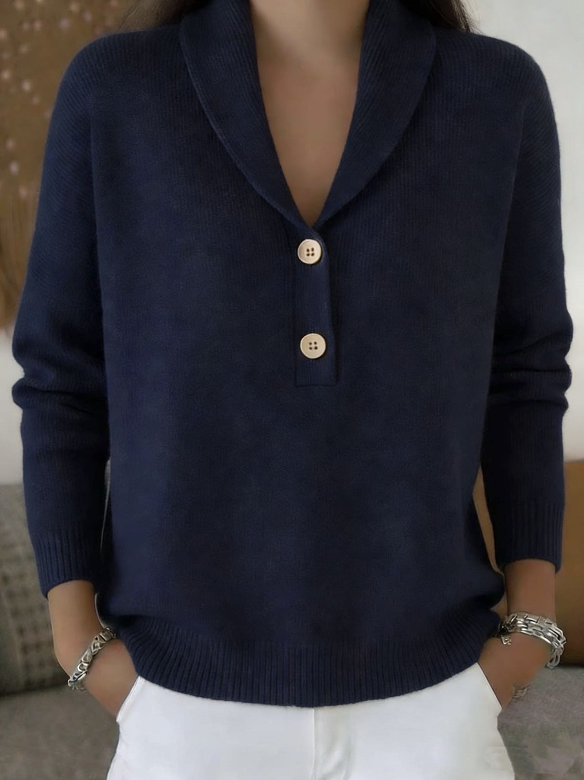 Shawl Collar V-Neck Knit Sweater with Button Placket - Navy