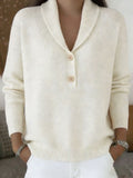 Shawl Collar V-Neck Knit Sweater with Button Placket - White