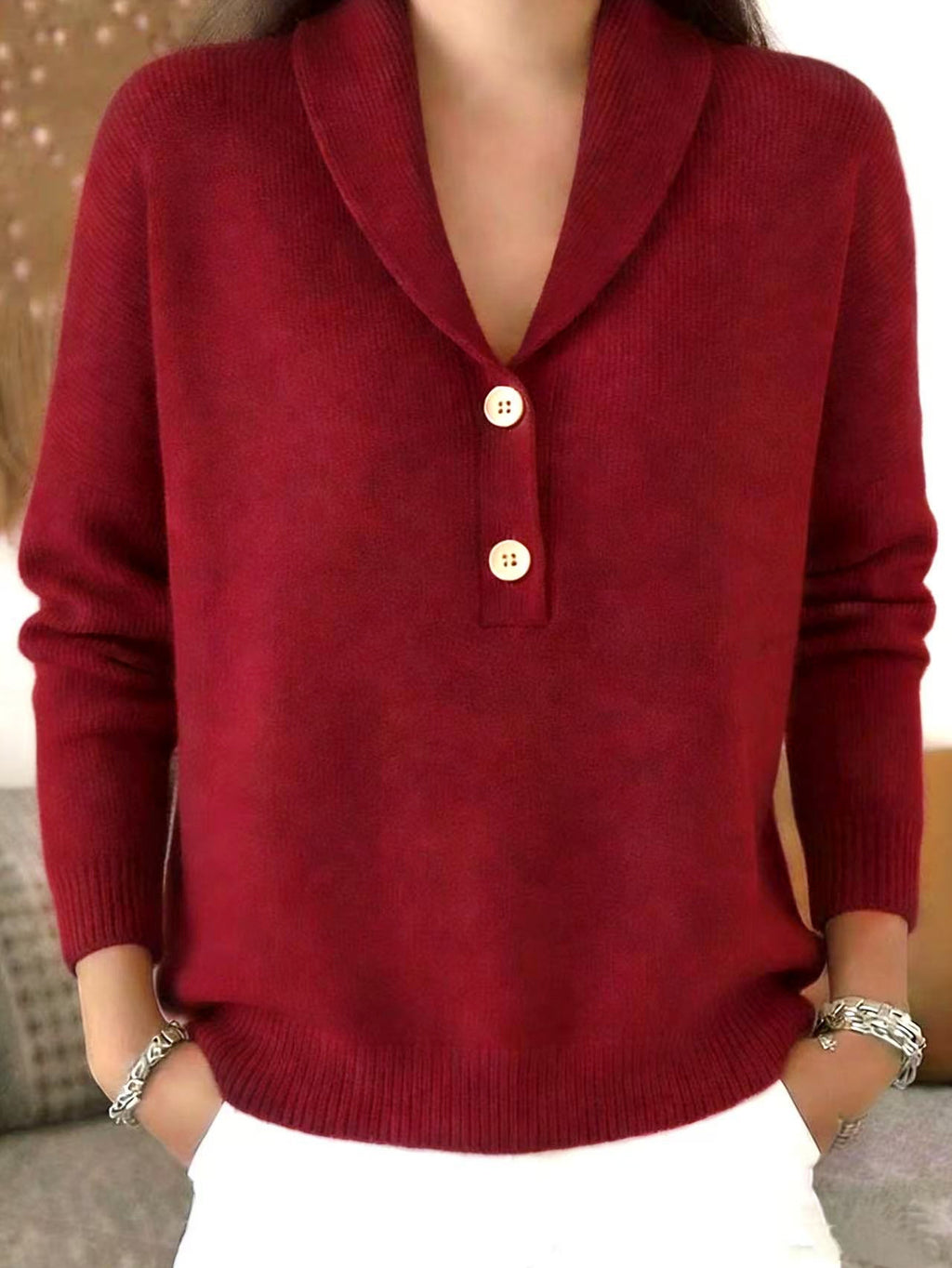 Shawl Collar V-Neck Knit Sweater with Button Placket - Wine_Red