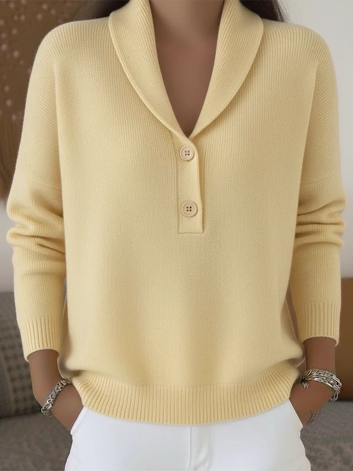 Shawl Collar V-Neck Knit Sweater with Button Placket - Yellow