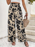 Bold Bloom Print Wide Leg Palazzo Pants - Apricot
