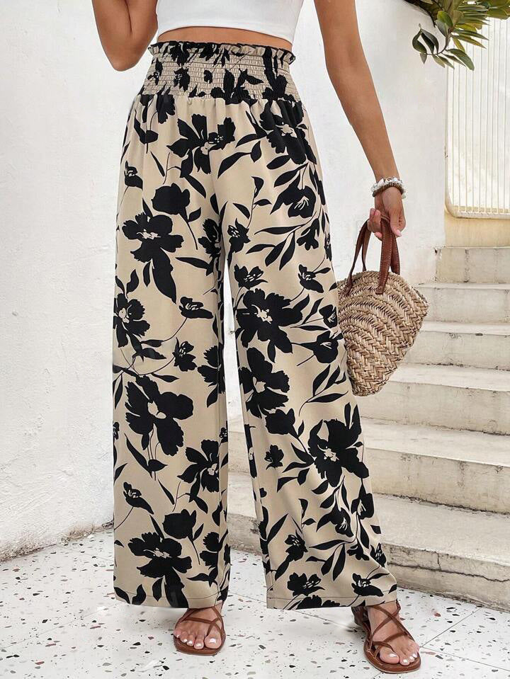 Bold Bloom Print Wide Leg Palazzo Pants - Apricot
