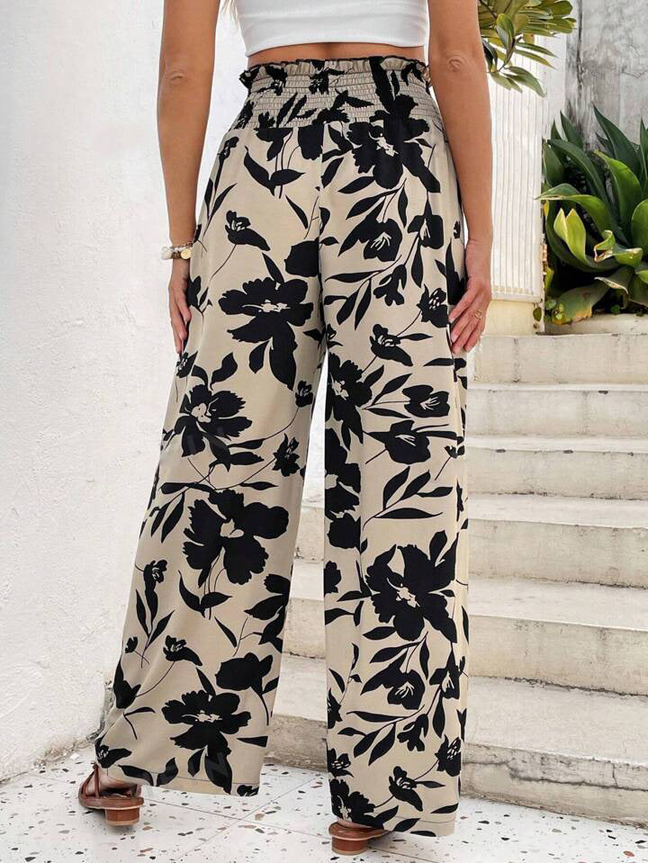Bold Bloom Print Wide Leg Palazzo Pants - Apricot - 1