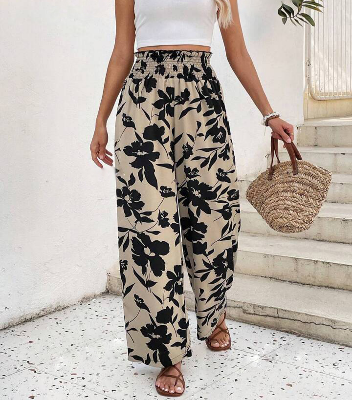 Bold Bloom Print Wide Leg Palazzo Pants - Apricot - 2